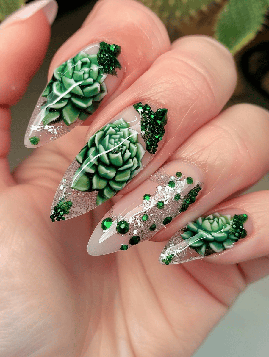 nail design. succulent garden with glitter accents