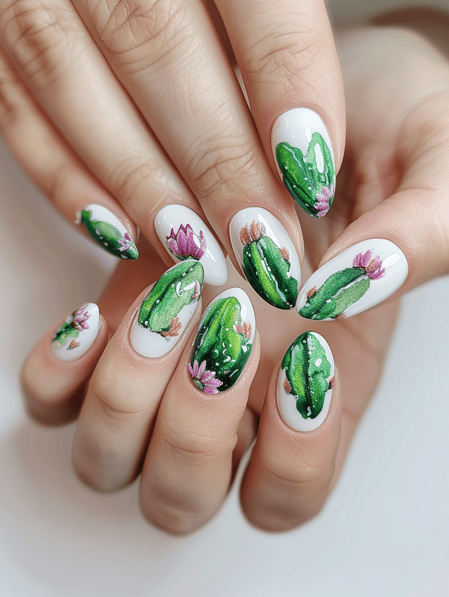 nail design. watercolor cactus designs on white nails 