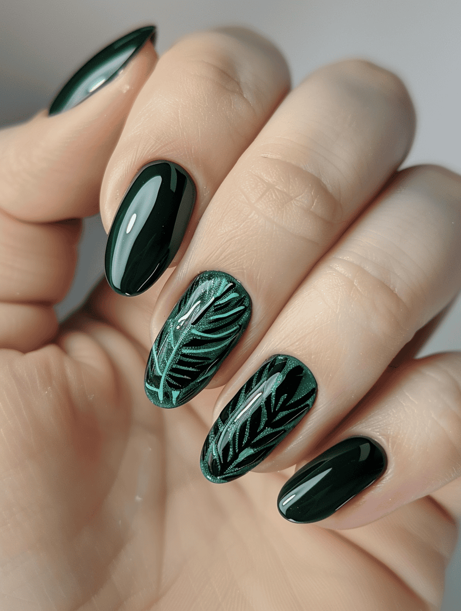 nail design. glossy emerald leaves on deep green