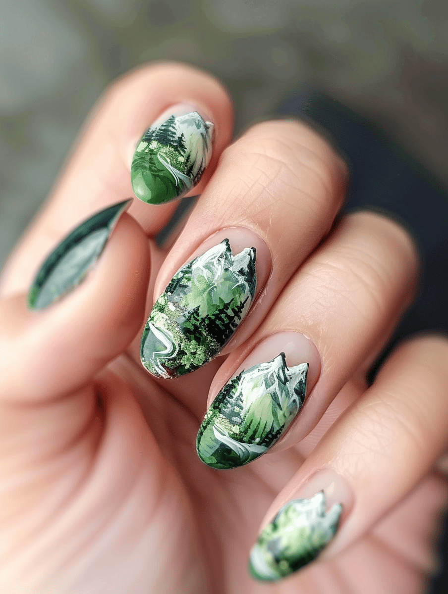mountain landscape nail art with lush green valleys and high peaks