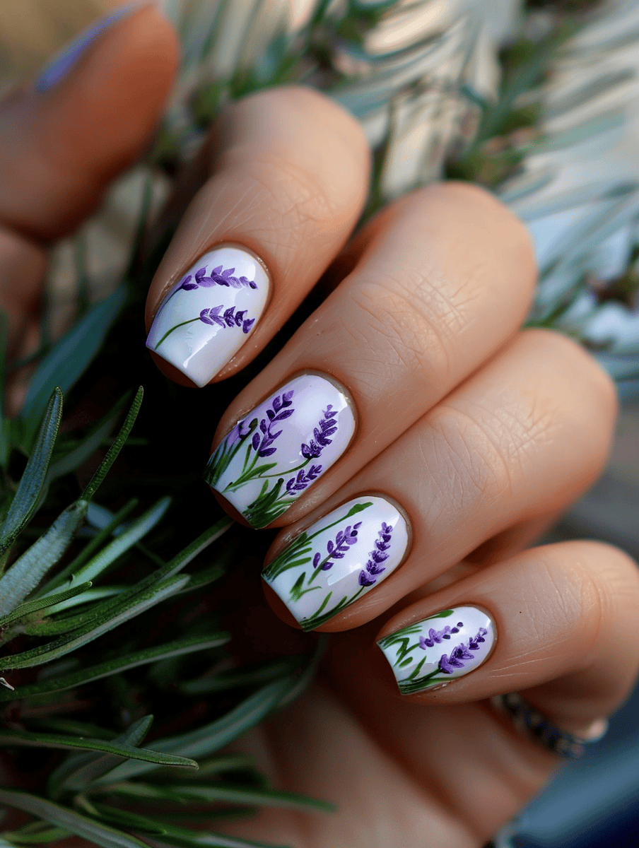 nail design. lavender fields and green stem.