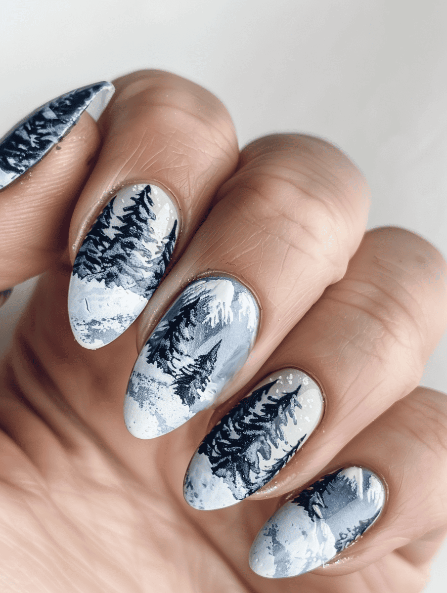 snowy mountain peaks and pine trees nail art