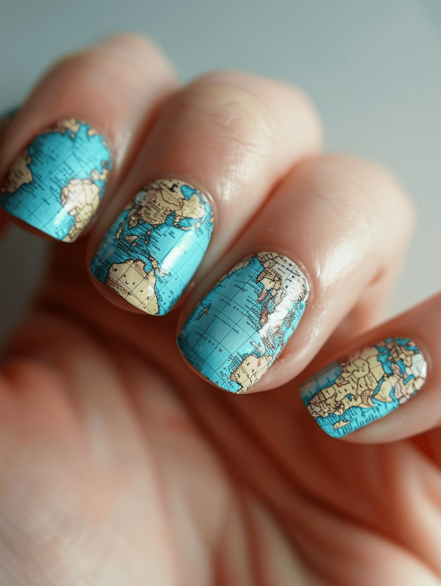 world map on ocean blue background nail art