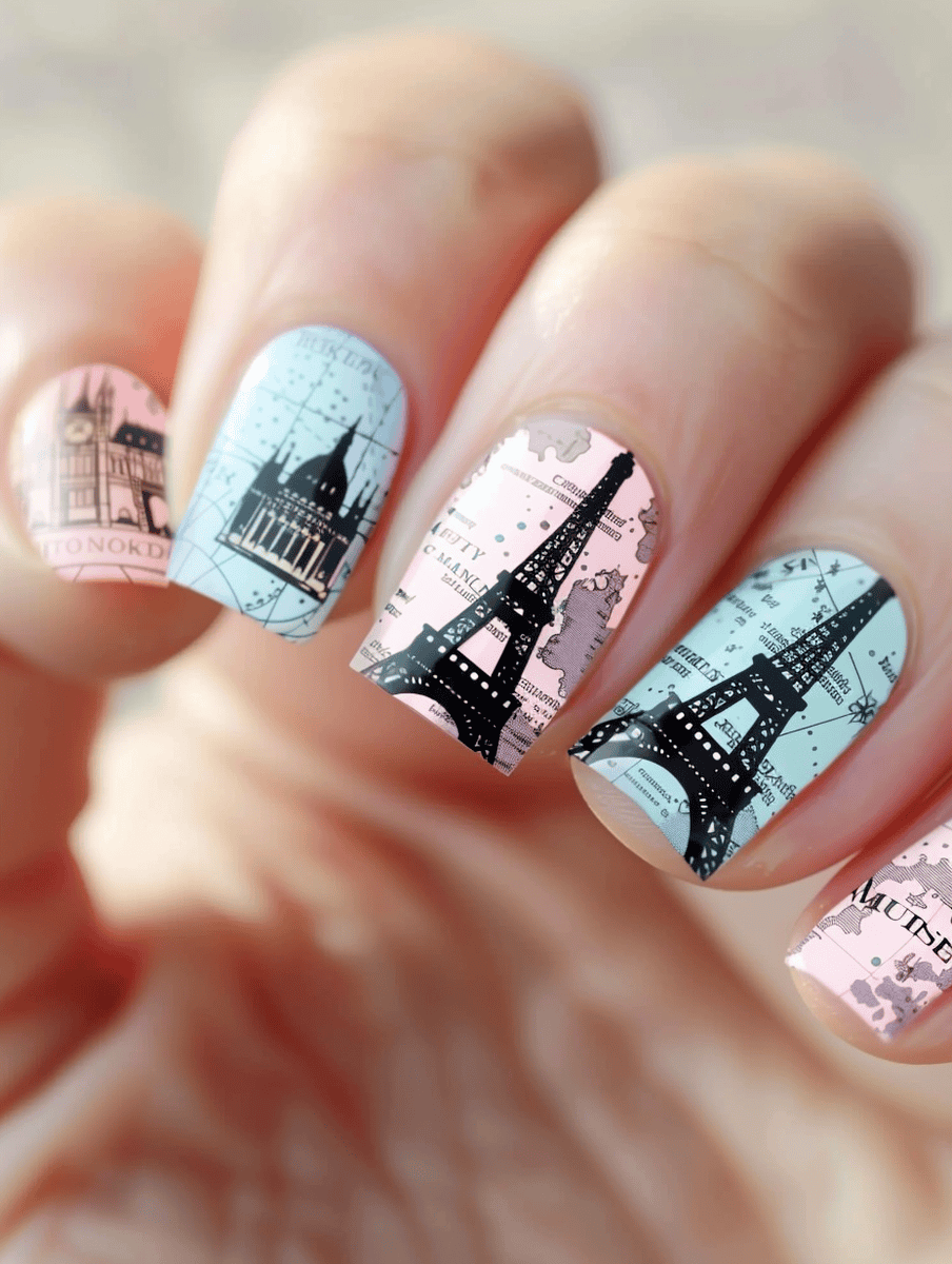 famous landmarks silhouettes on pastel shades nail art