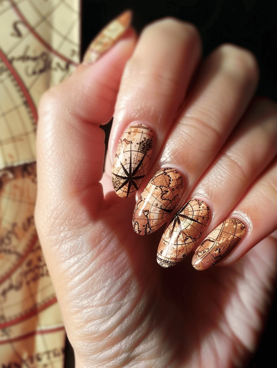 compass rose and ancient map accents nail art