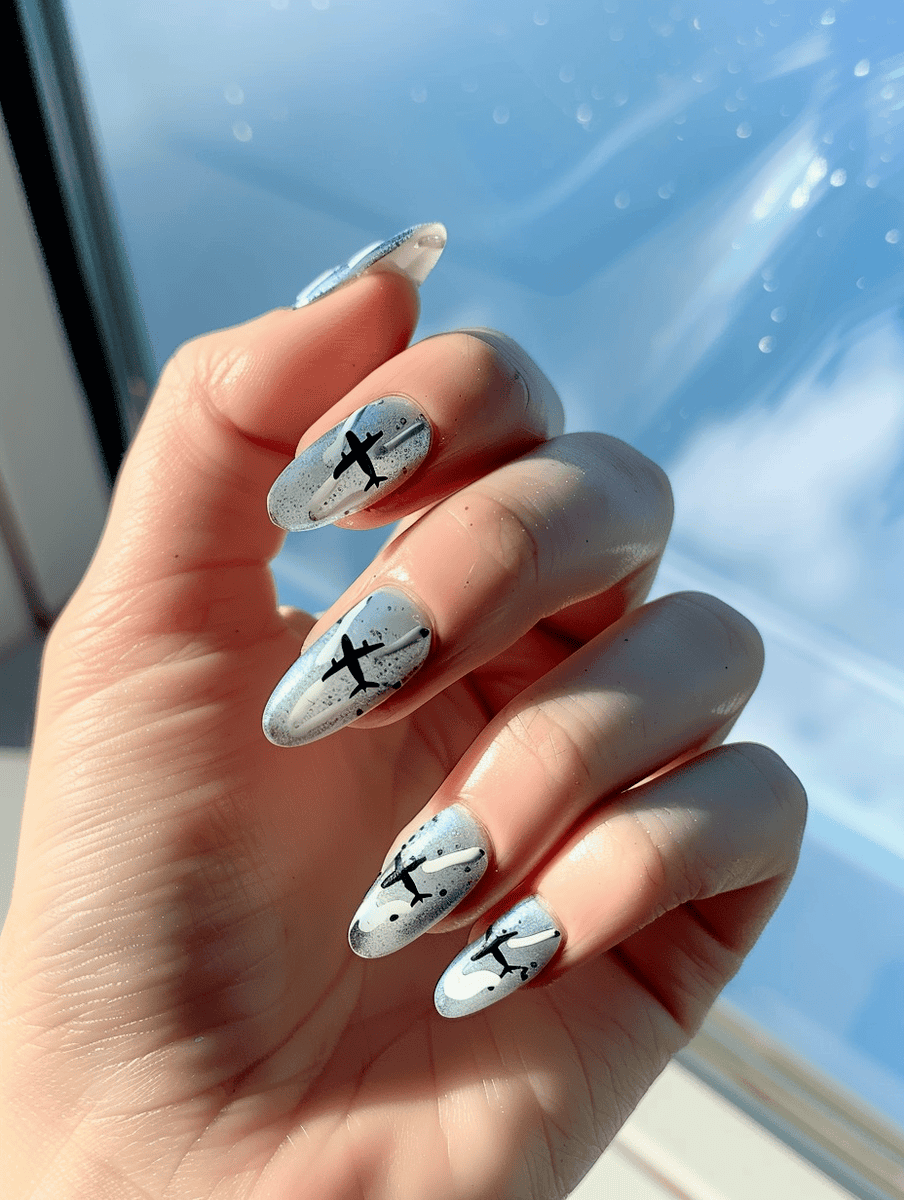 airplane trails across clear skies nail art