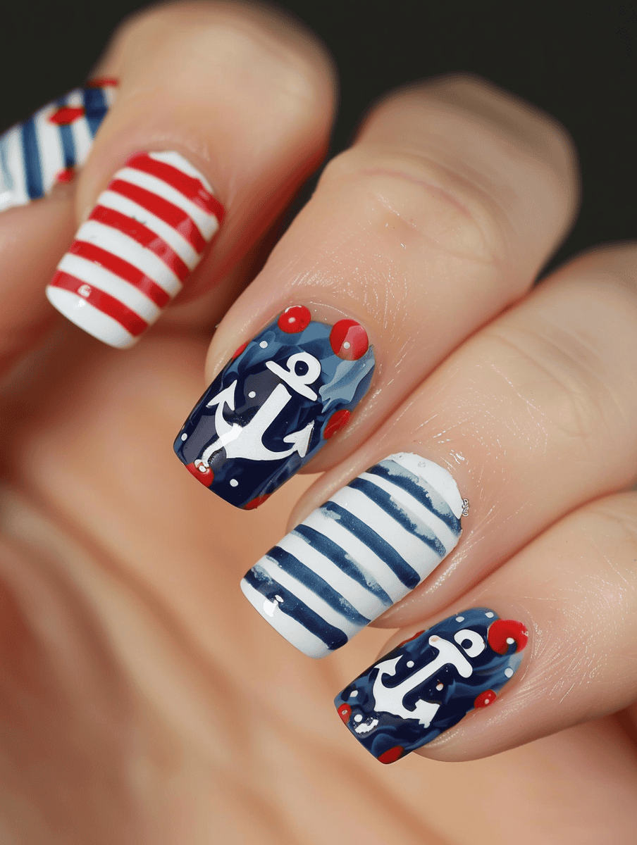 nautical themes with anchors and stripes nail art