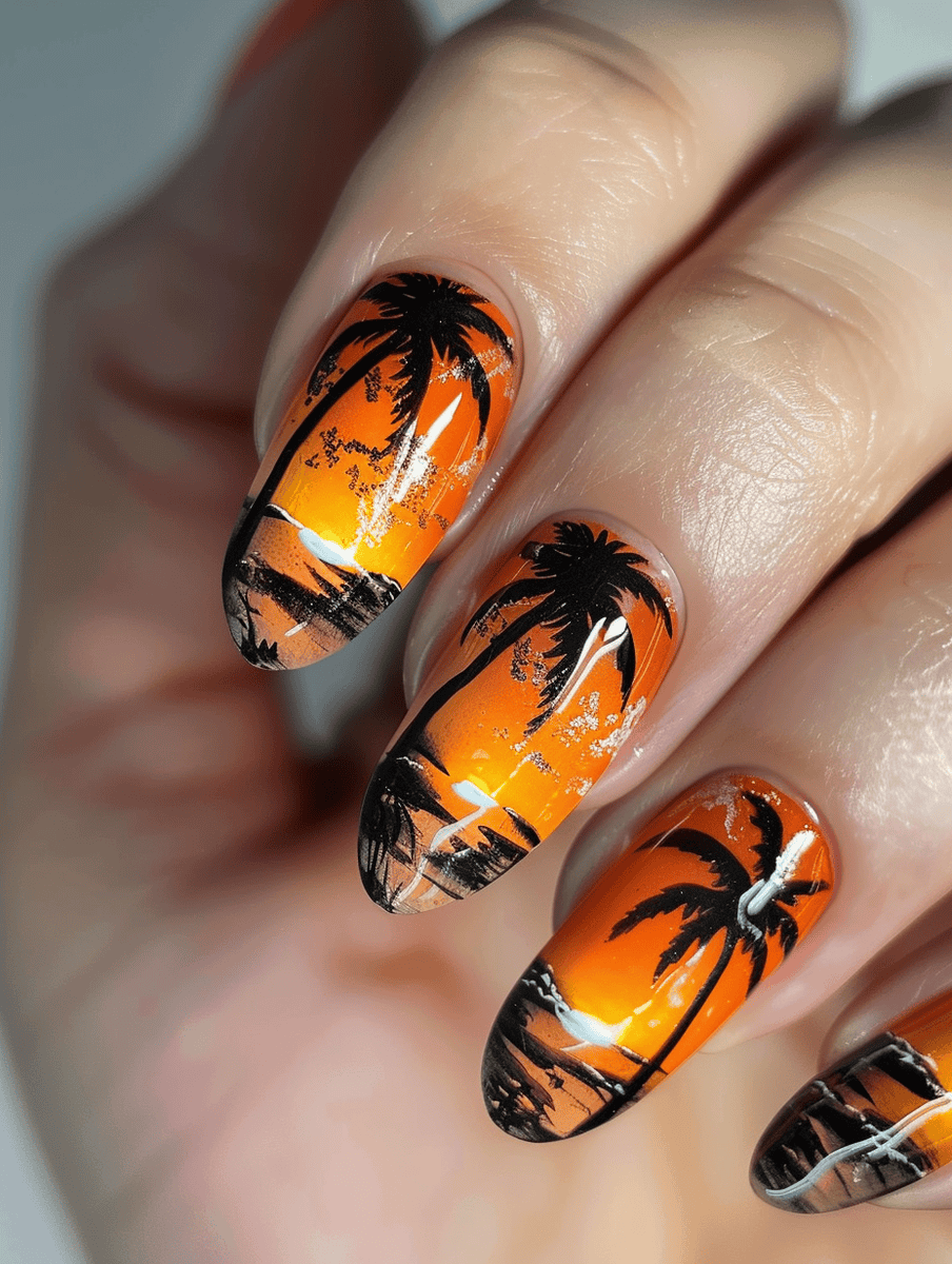 tropical paradise with palm trees and sunsets nail art
