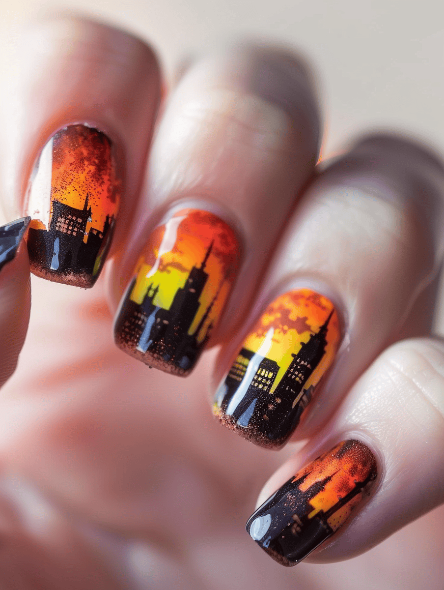 city skyline silhouettes at sunset nail art