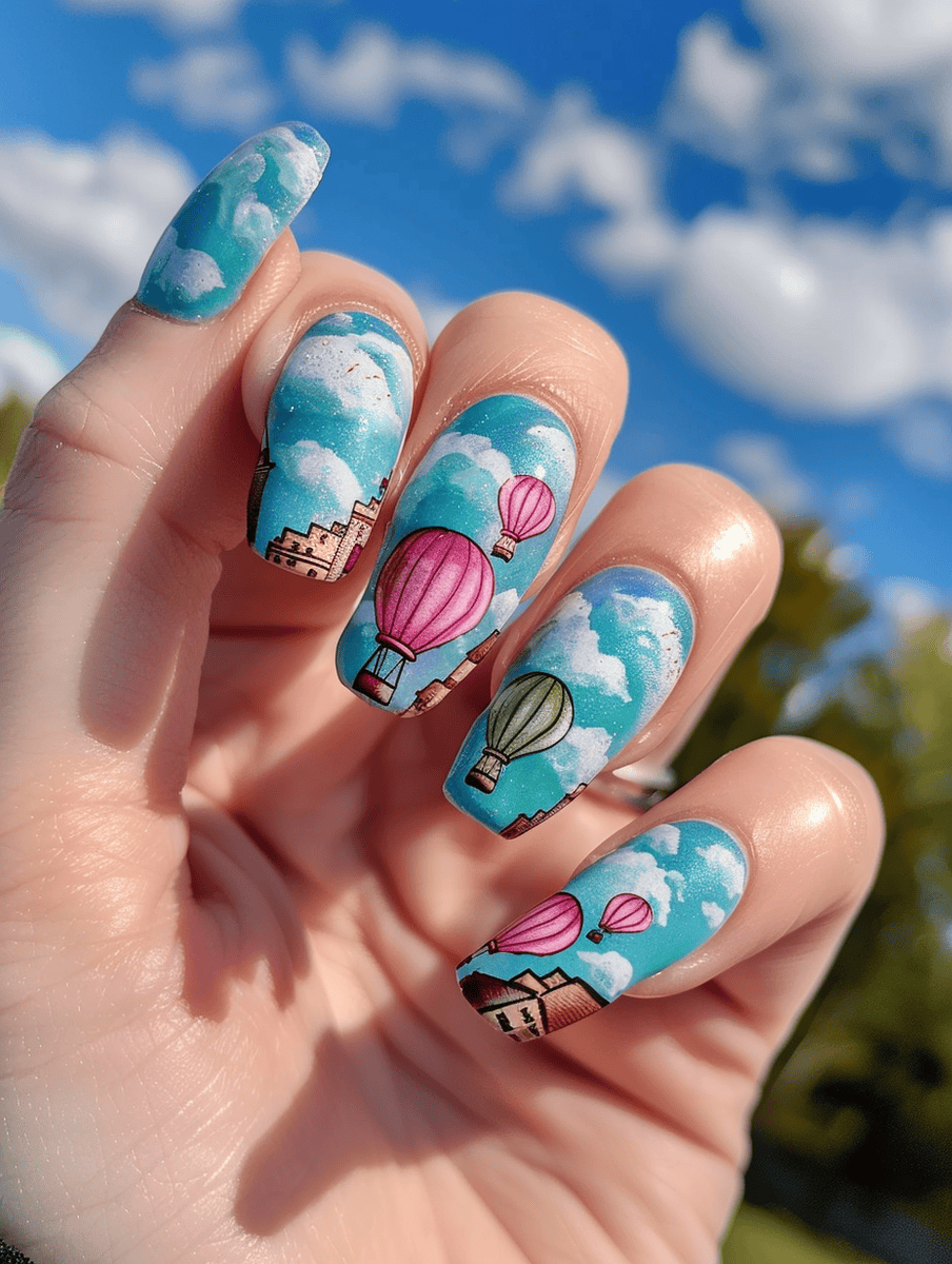 hot air balloons floating in the sky nail art