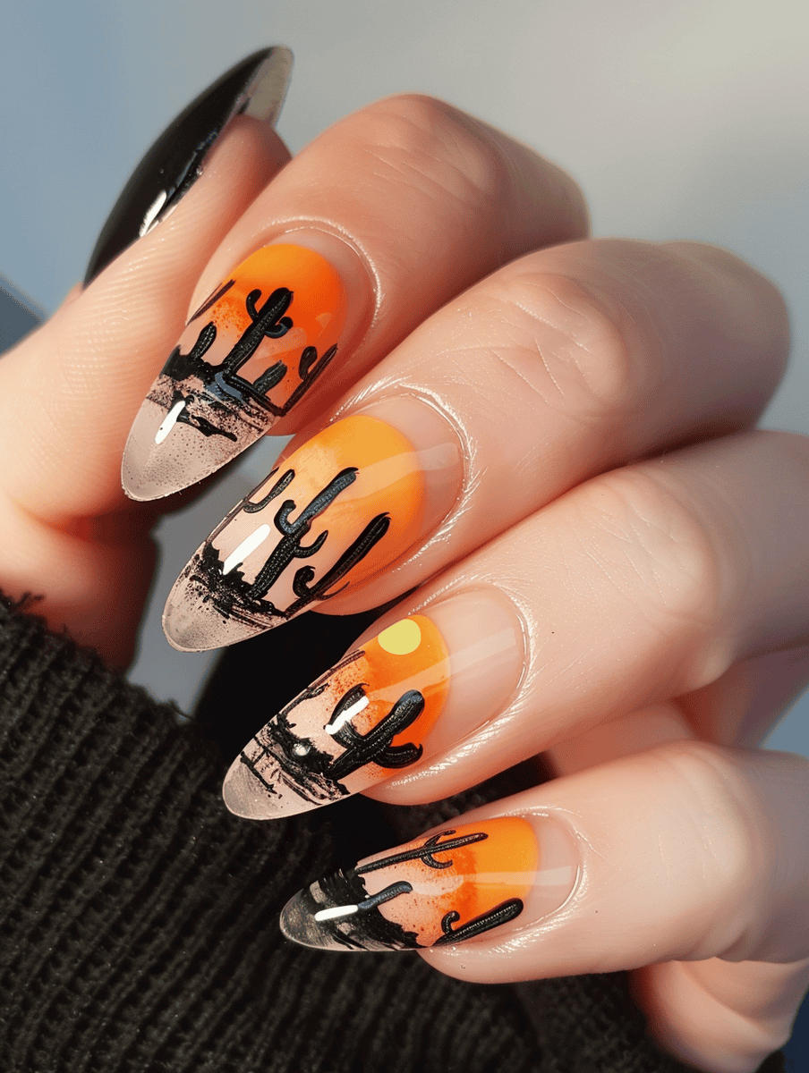travel and map nail art with desert landscapes with cacti and sunsets