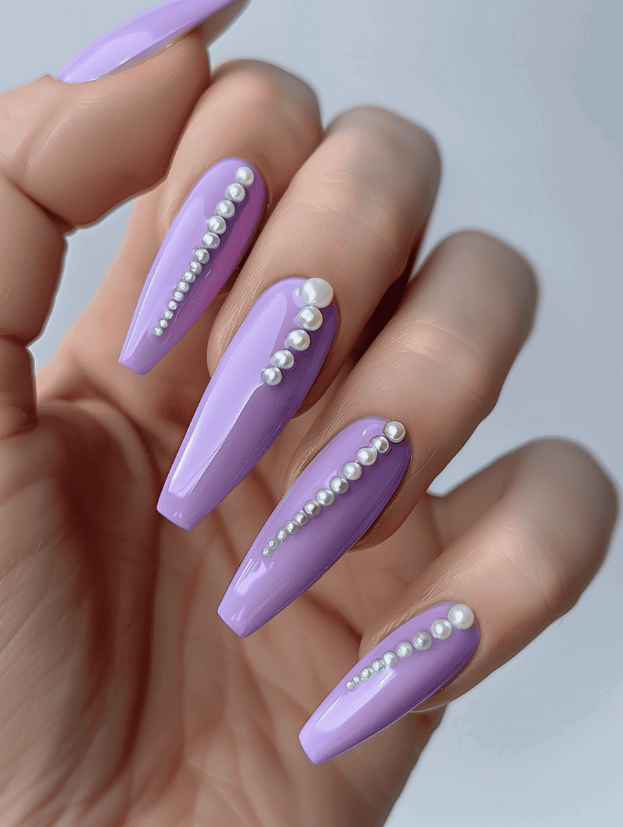 Purple ballerina nails with pearl outlines