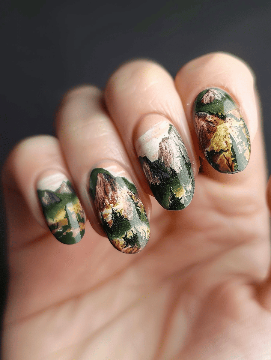 mountain landscape nail art with rocky outcrops and alpine meadows