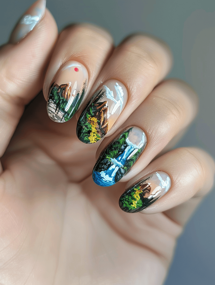 mountain landscape nail art with cascading waterfalls and mountain cliffs