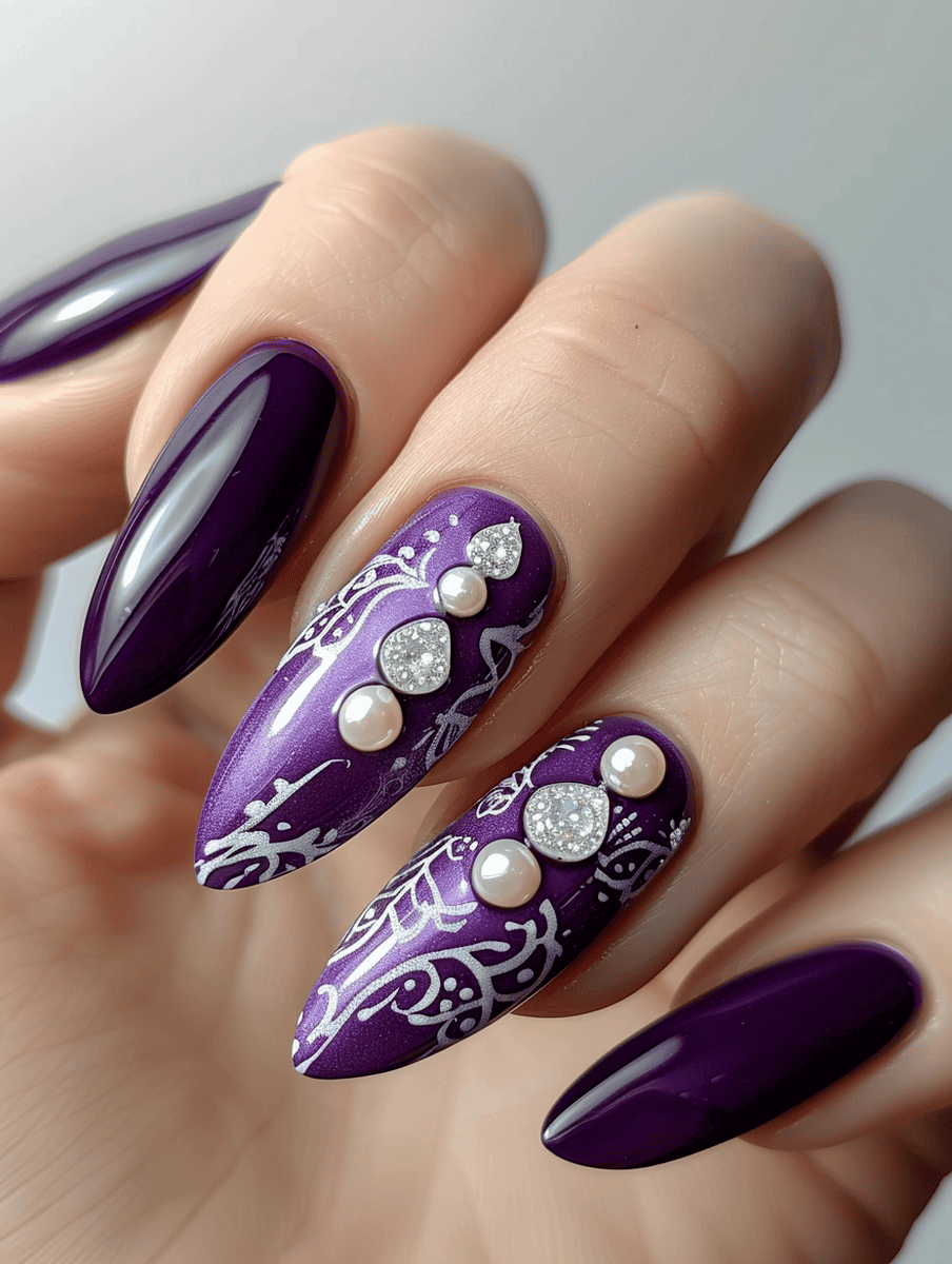 Purple almond nails with pearl and silver patterns