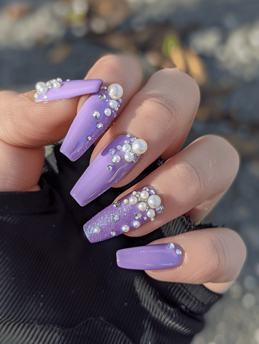 Purple coffin nails with pearl embellishments