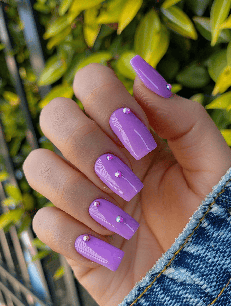 Purple square nails with pink pearl accents