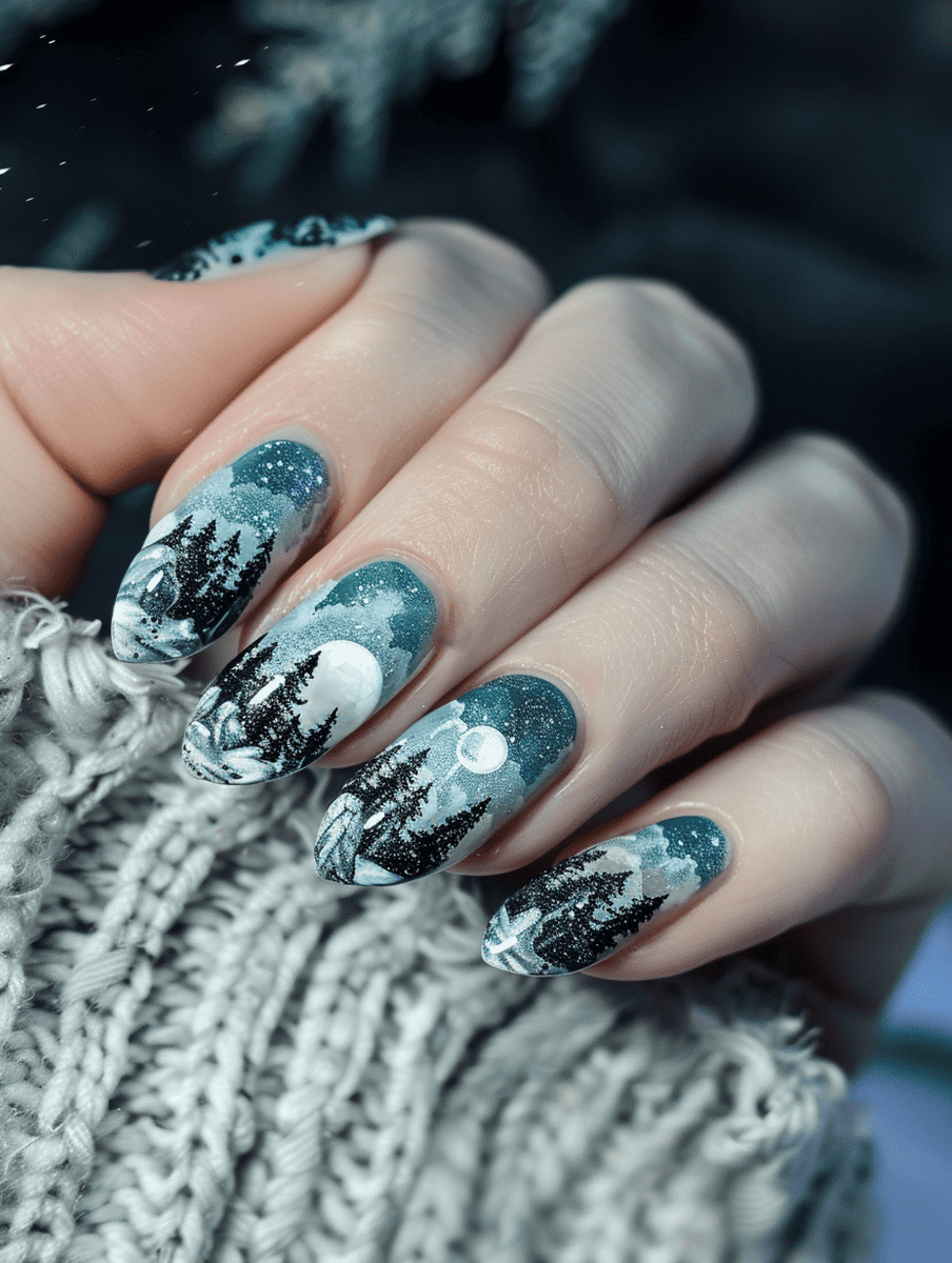 mountain landscape nail art with moonlit mountains and forest edge