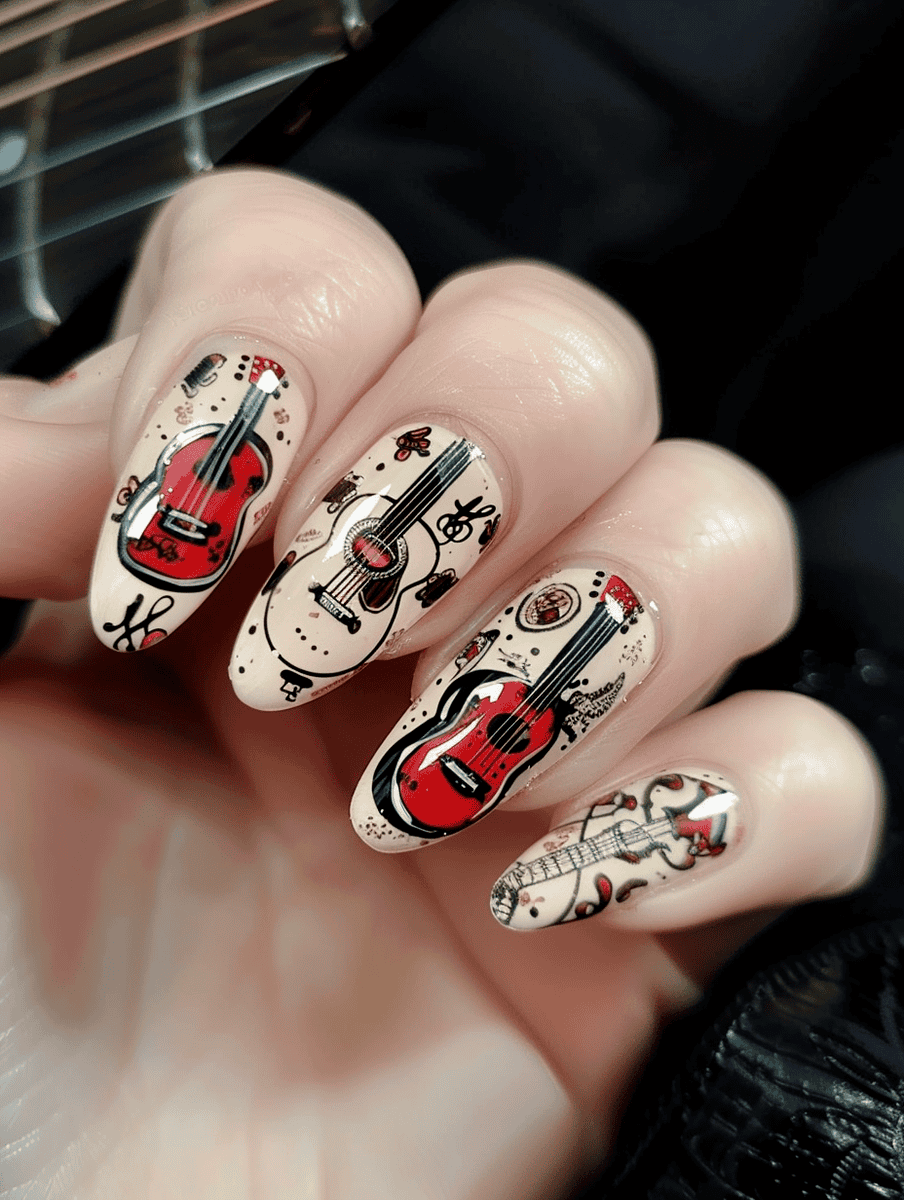 Acoustic guitar patterns on beige nails