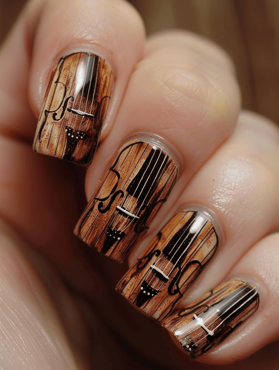 Violin-inspired nail art with wood textures