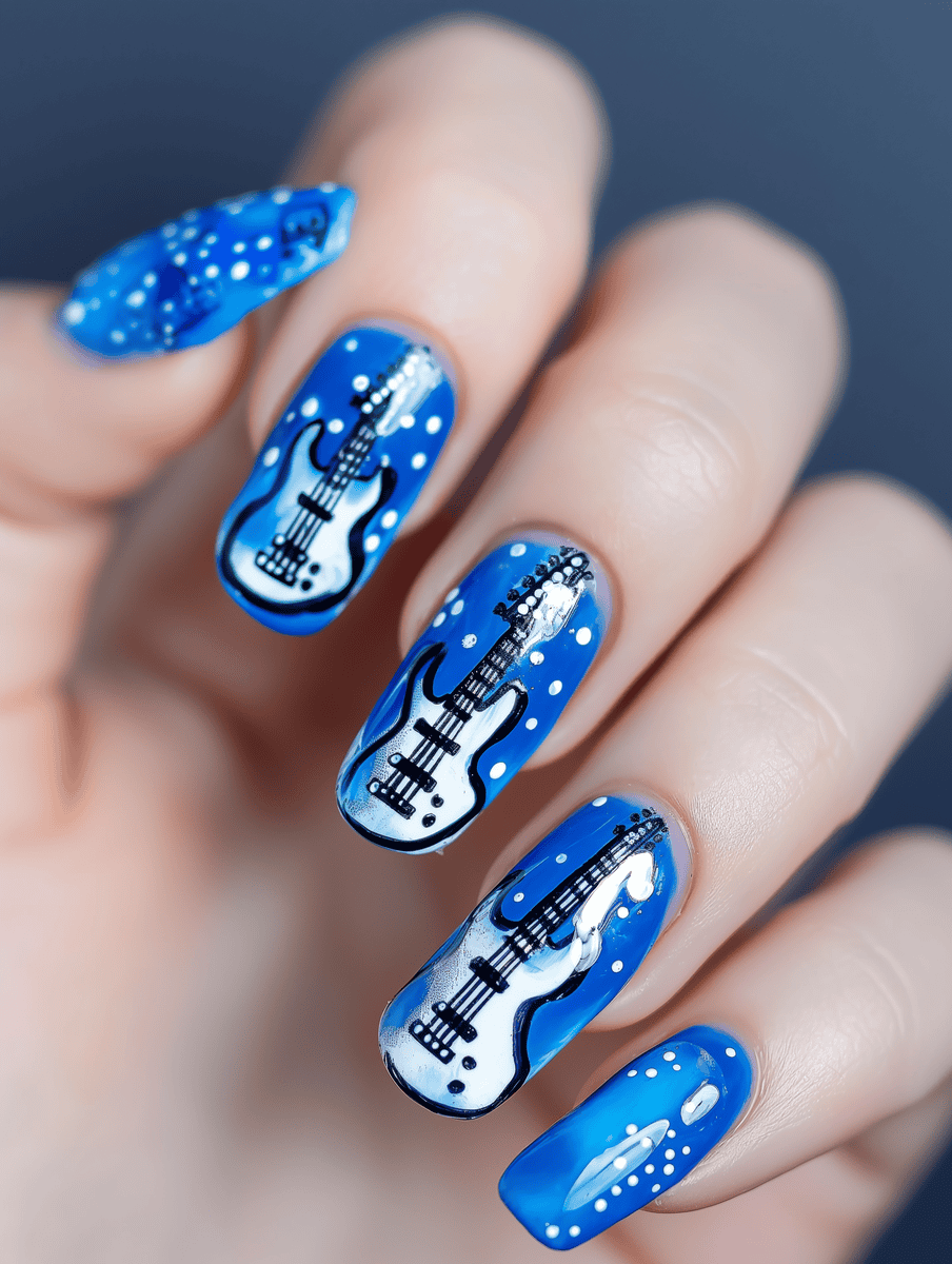 Electric blue electric guitar nails