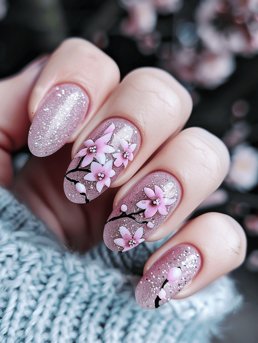 glitter and flower nail design with soft pink blossoms and silver glitter