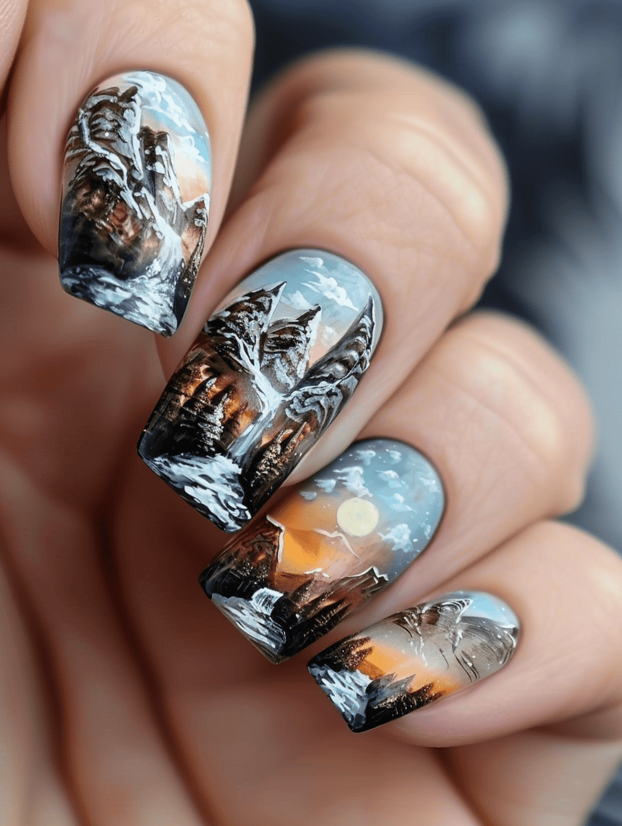 mountain landscape nail art with glacial lakes and snowy mountain backdrops