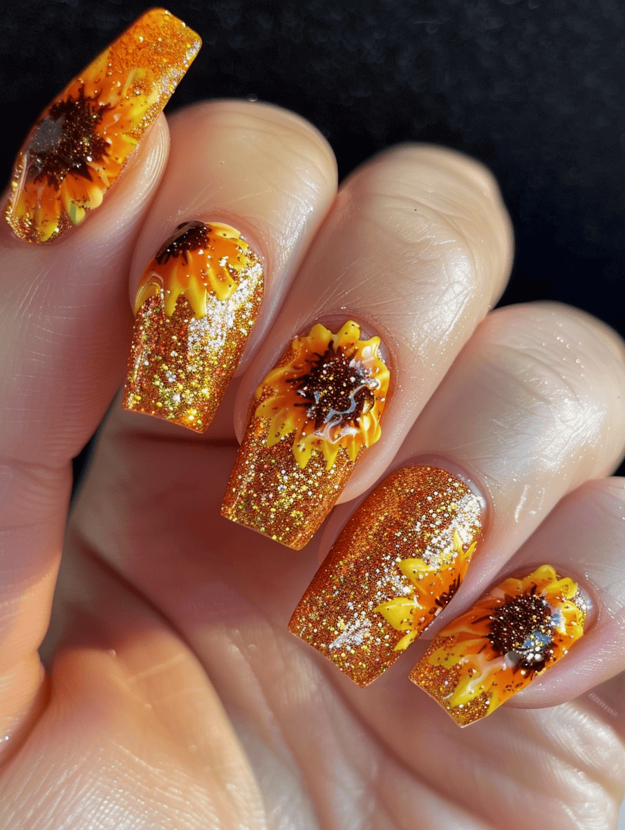 glitter and flower nail design with bold sunflowers on a glittery base