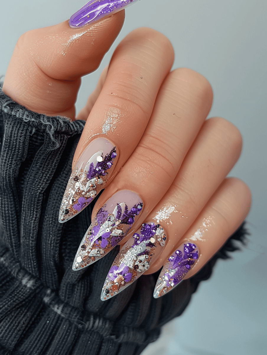 glitter and flower nail design with lavender fields and gold flecks