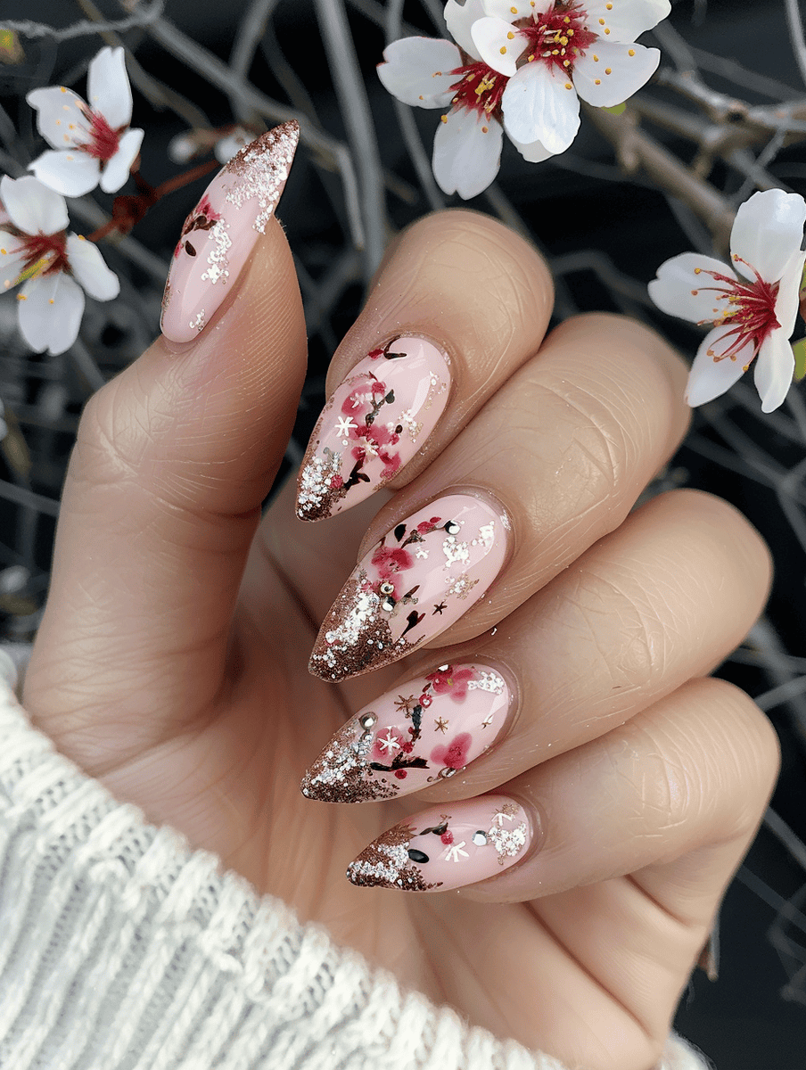 glitter and flower nail design with cherry blossoms and rose gold sparkles