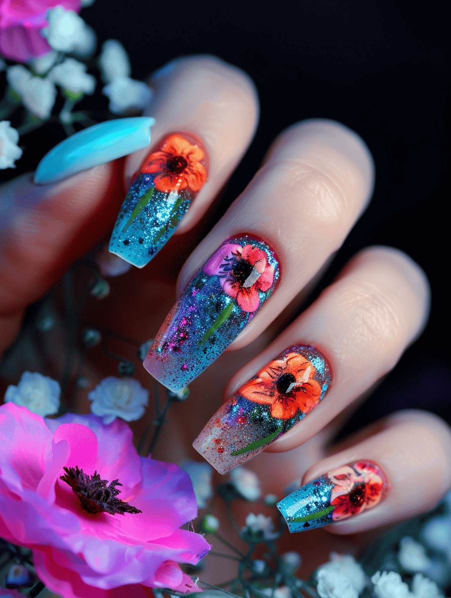 glitter and flower nail design. neon poppies. sparkling background --ar 3:4