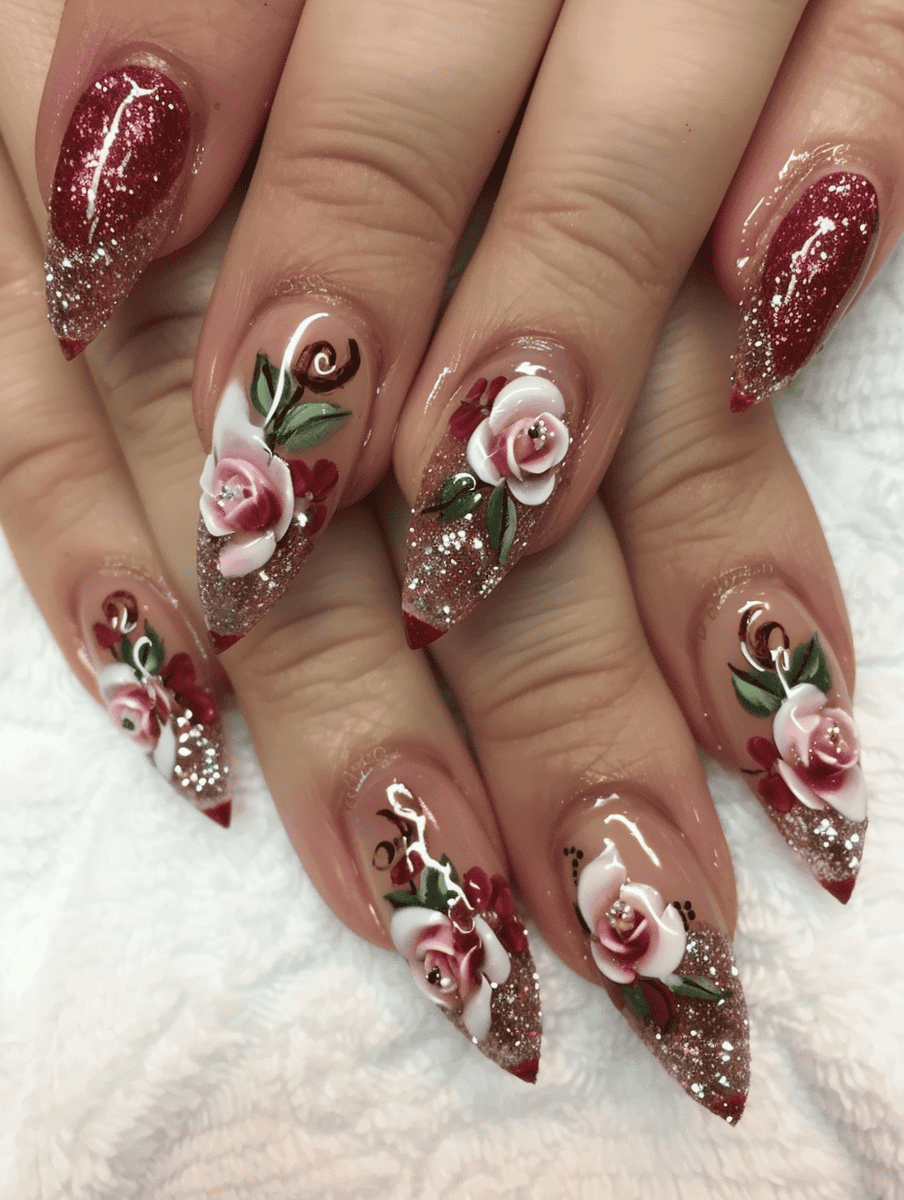 glitter and flower nail design with roses and a glitter French tip