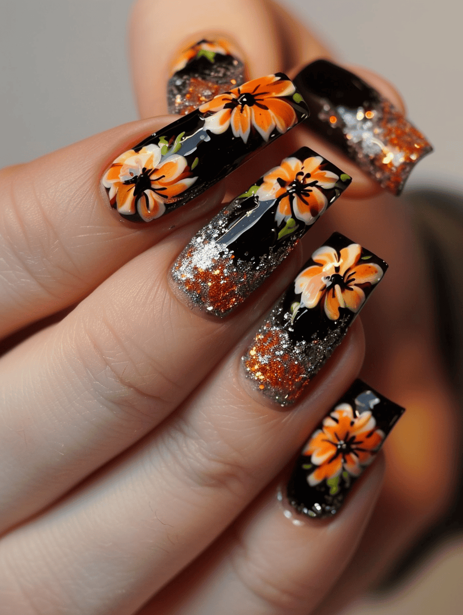 glitter and flower nail design with marigolds and fine silver glitter dust