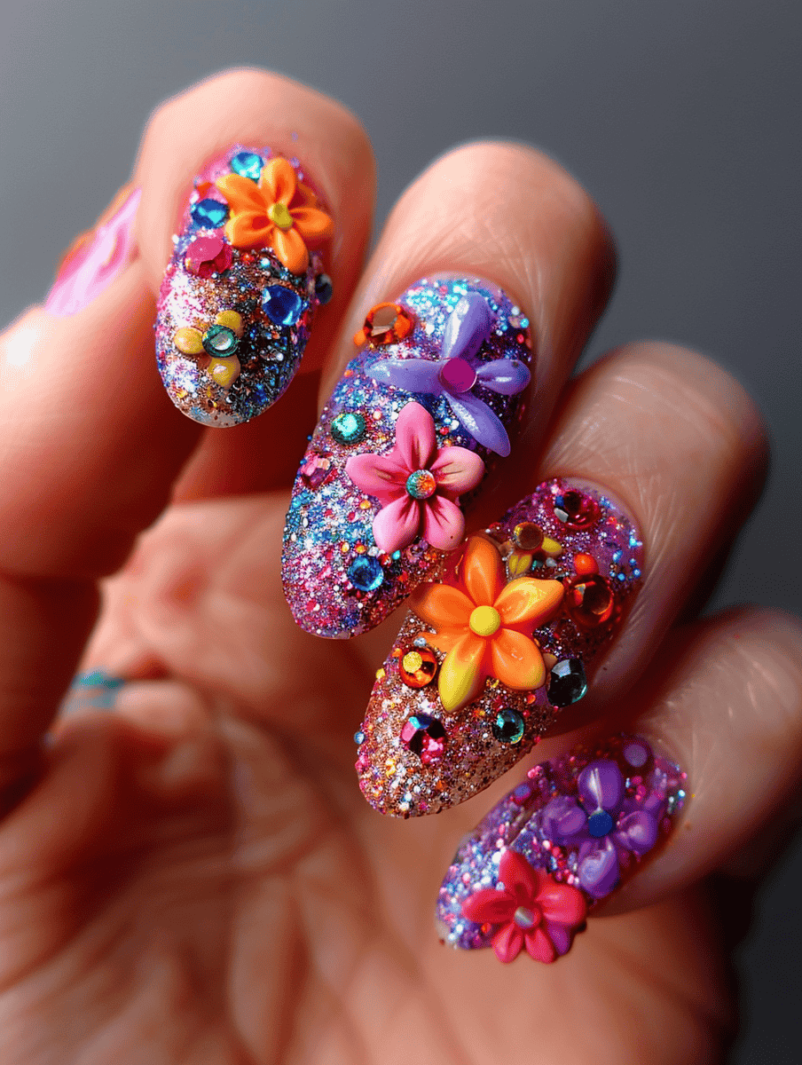 glitter and flower nail design with mixed flowers and multi-colored glitter