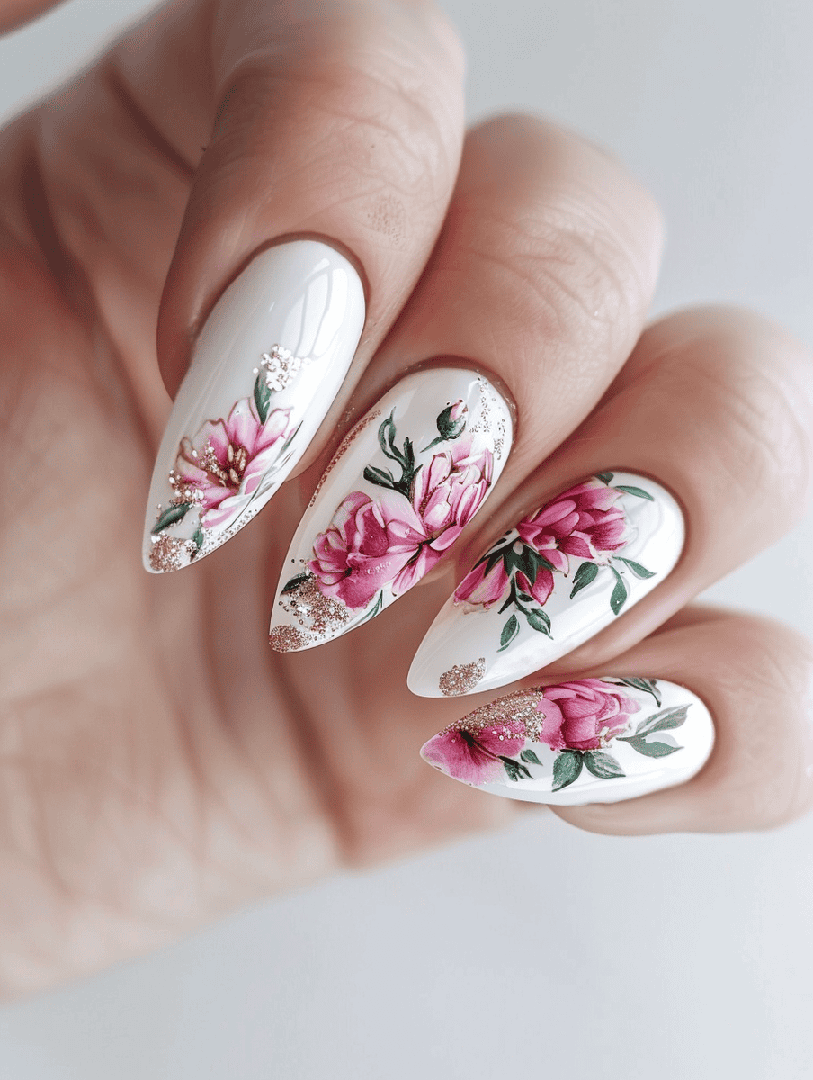 glitter and flower nail design with watercolor peonies and glitter accents