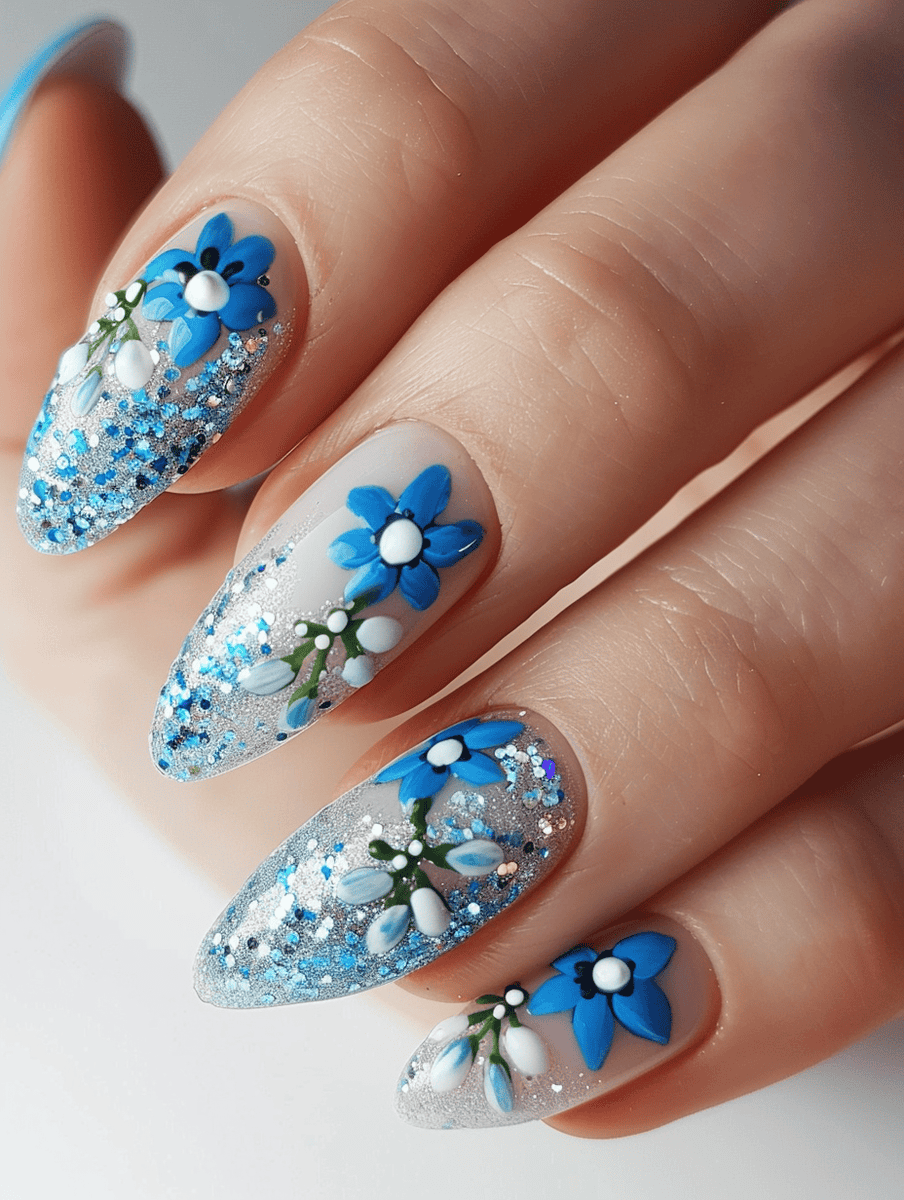 glitter and flower nail design with forget-me-nots and starry glitter