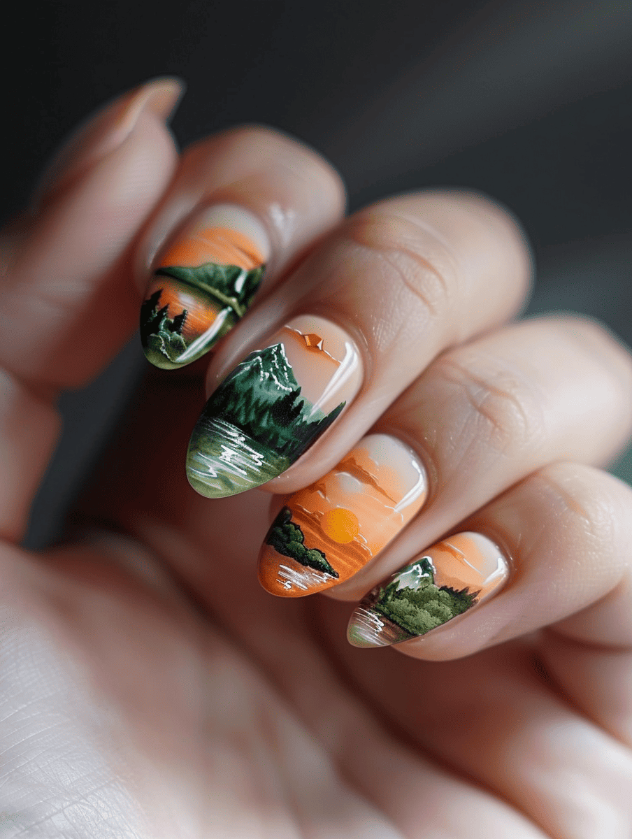 mountain landscape nail art with sunset reflections in mountain streams