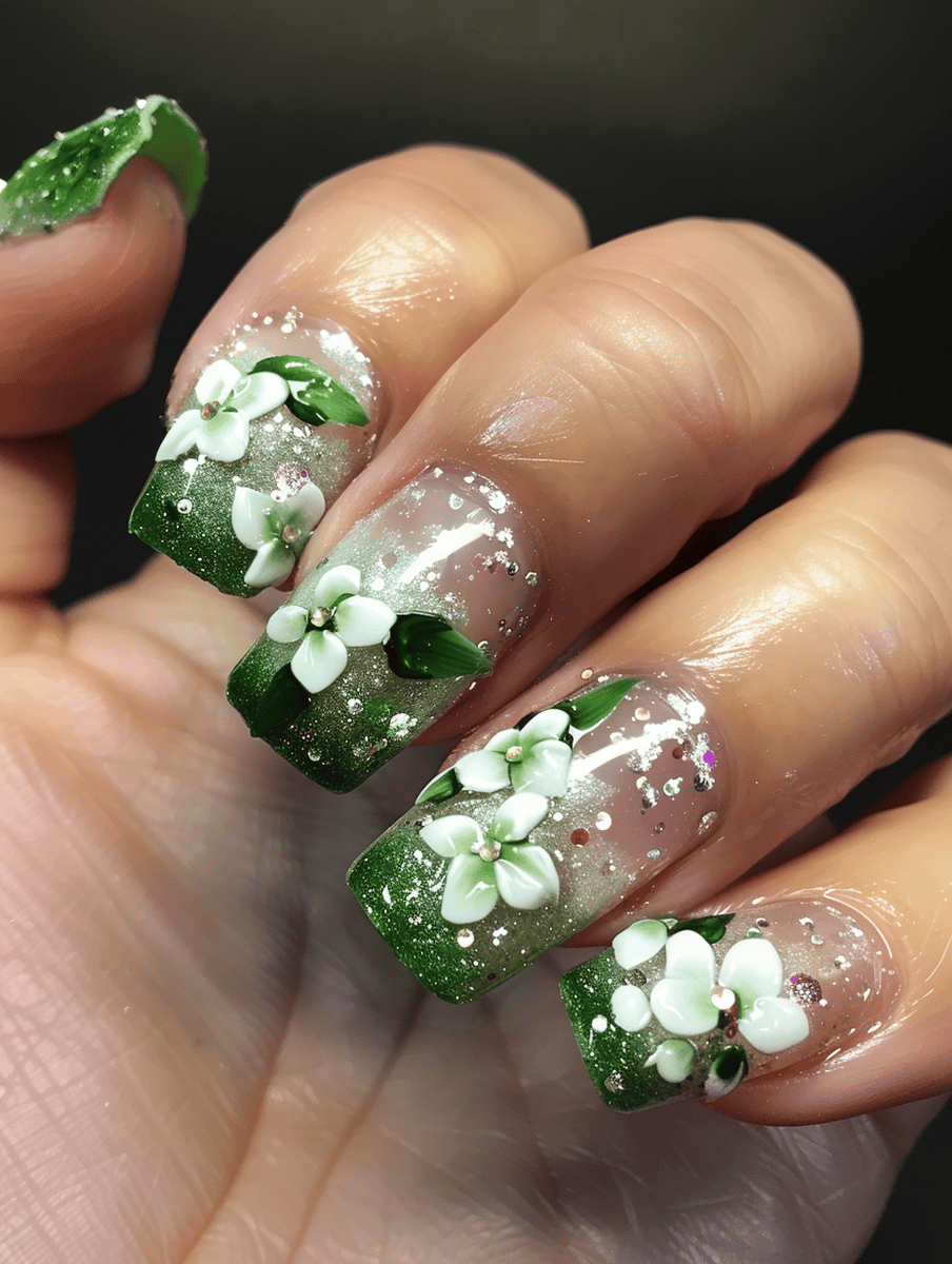 glitter and flower nail design with jasmine blossoms and a green glitter fade