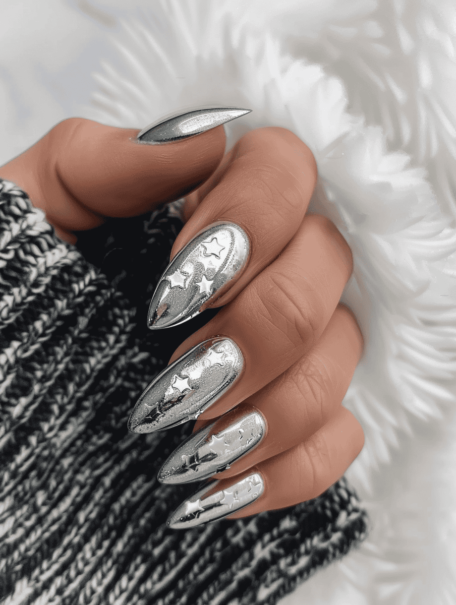 silver chrome nails with tiny silver stars