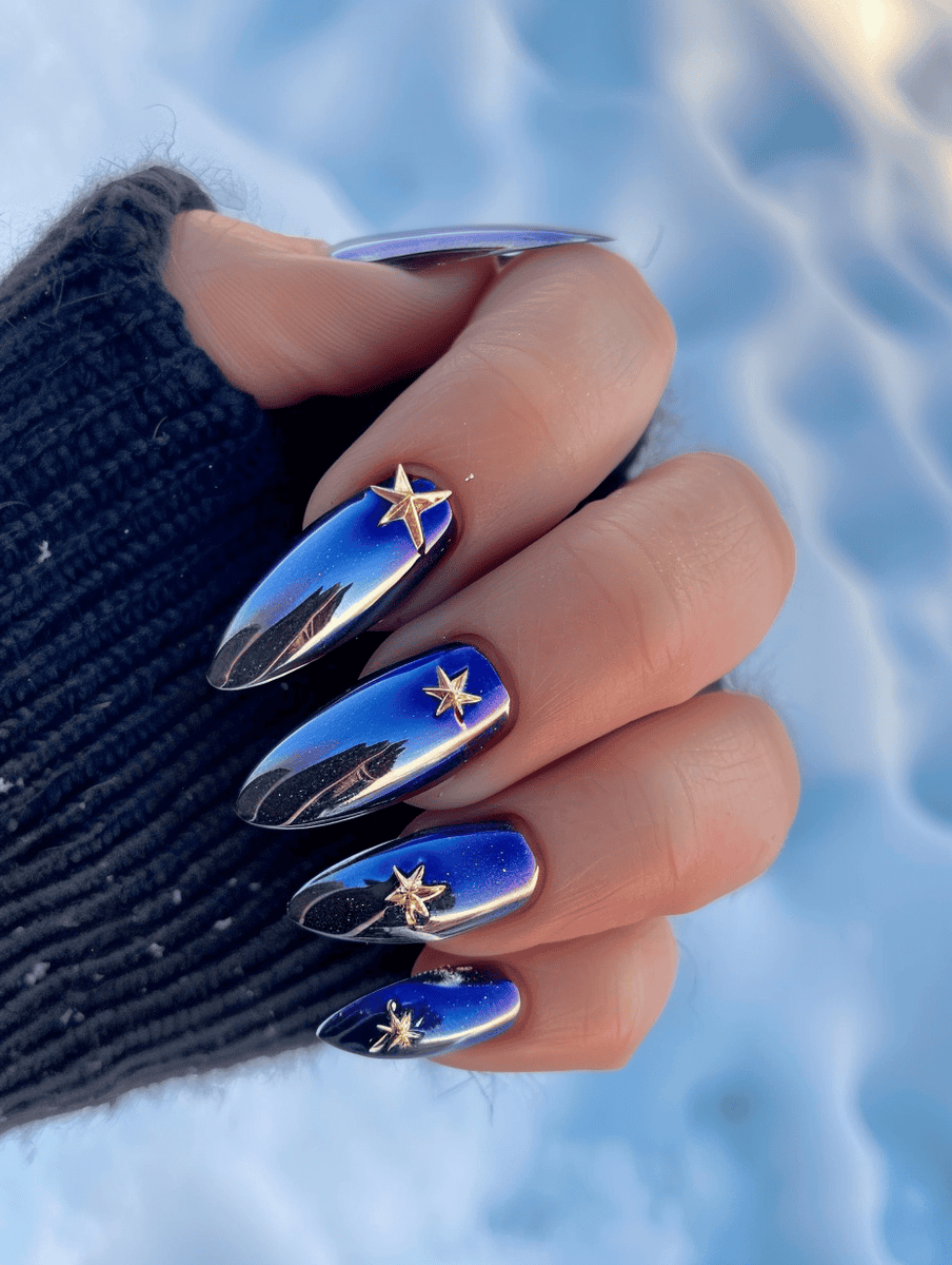 midnight blue chrome nails with golden star accents