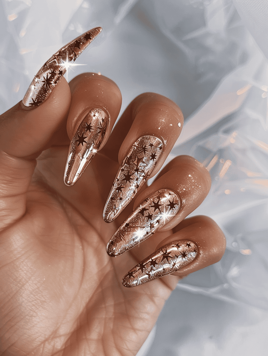rose gold chrome nails with scattered star patterns