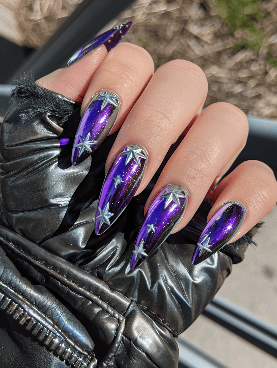 galactic purple chrome nails with silver star overlays