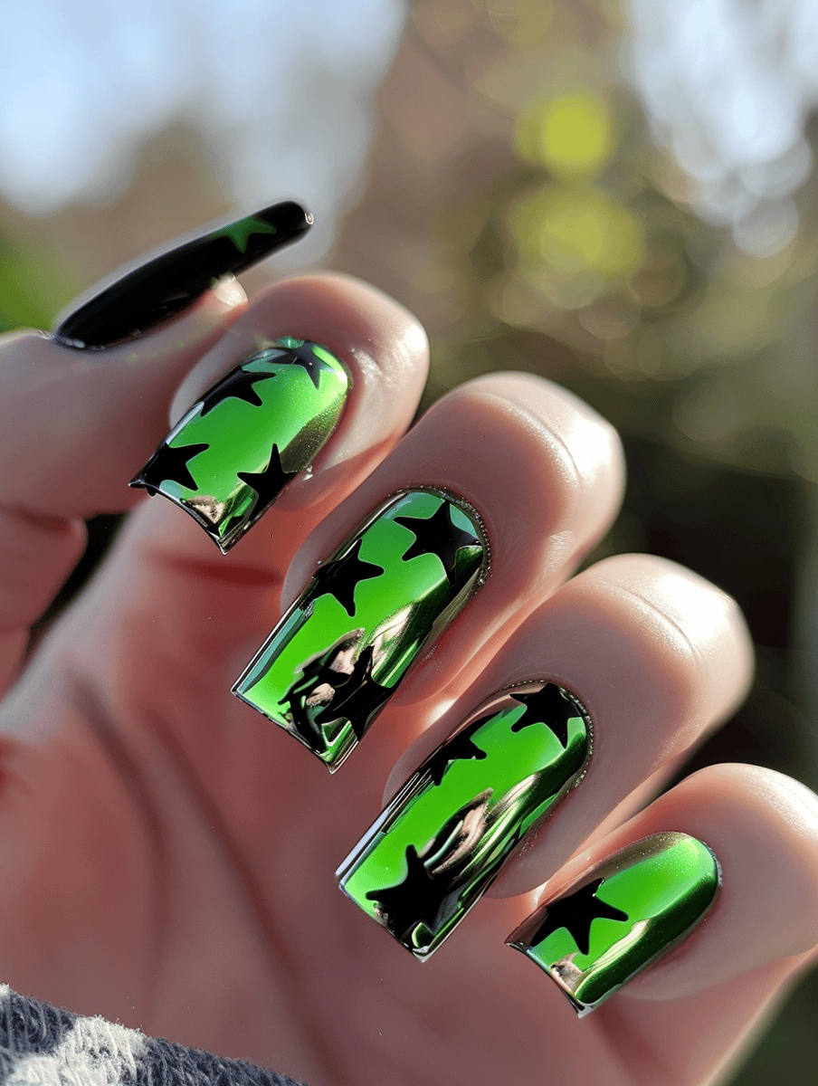 neon green chrome nails with black star stickers