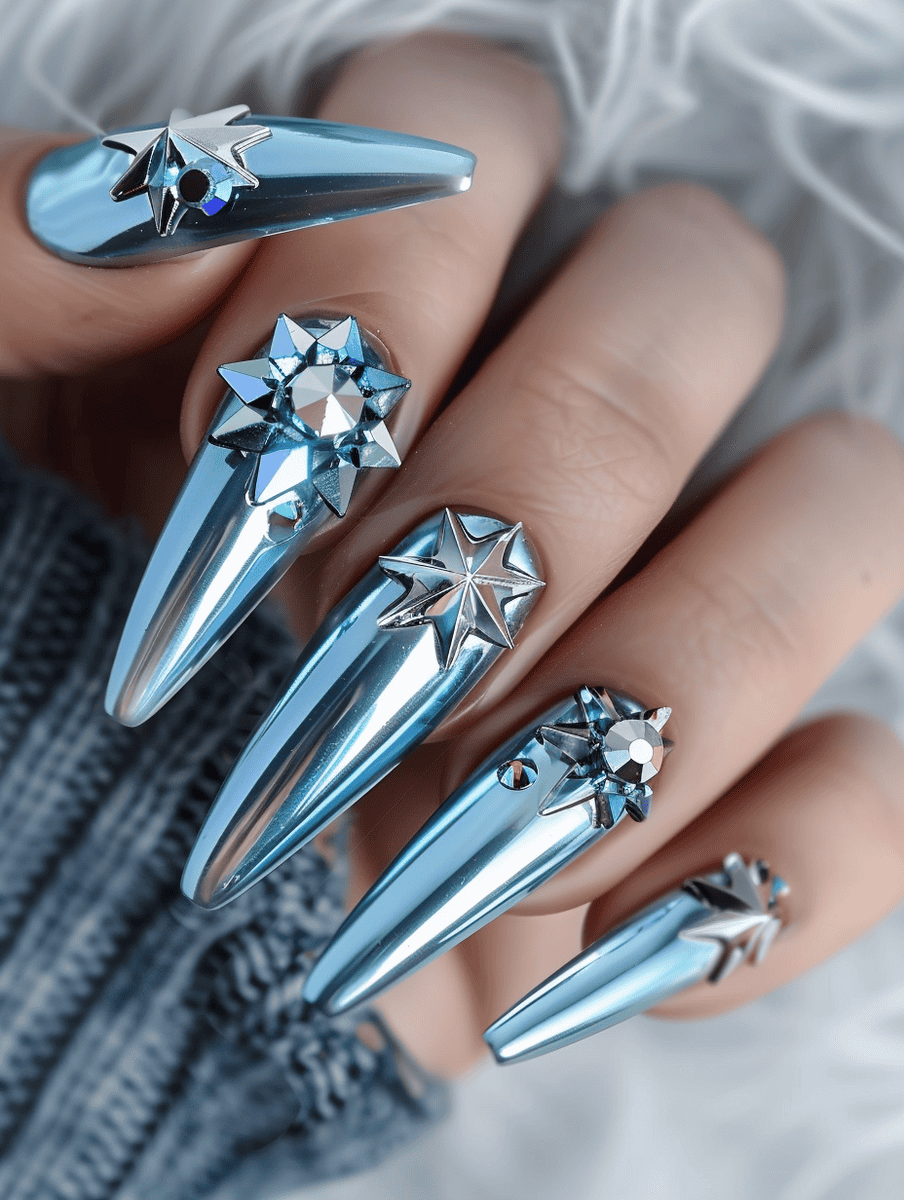 icy blue chrome nails with sparkling star gems