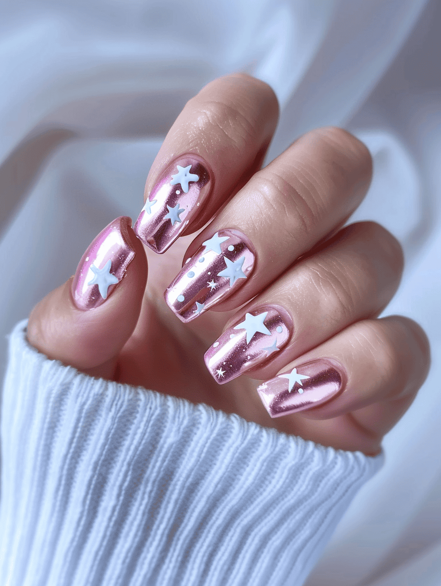 metallic pink chrome nails with white star decals