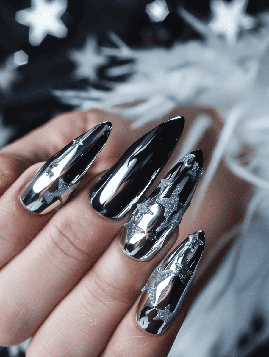 classic black chrome nails with silver star confetti