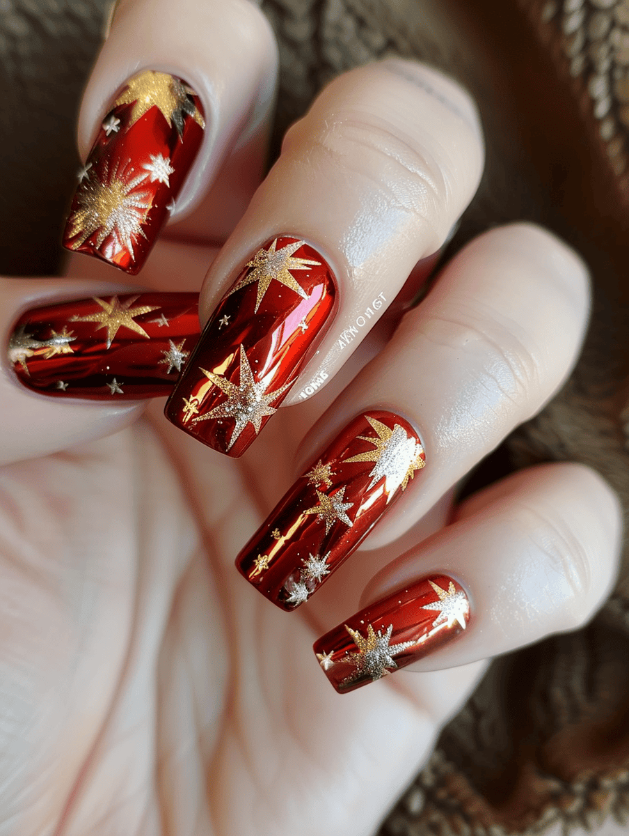 fiery red chrome nails with golden starbursts