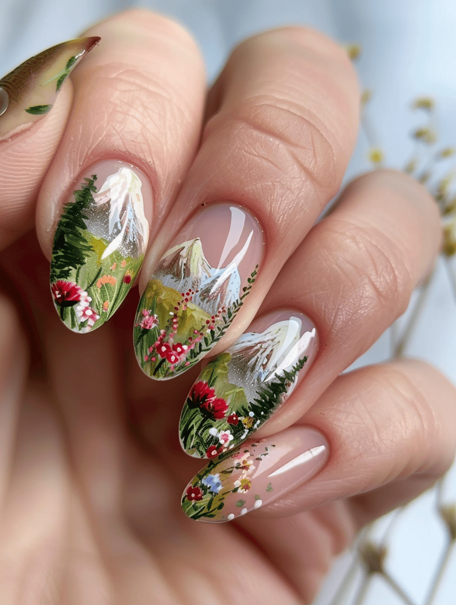 mountain landscape nail art with blooming wildflowers and mountain scenes