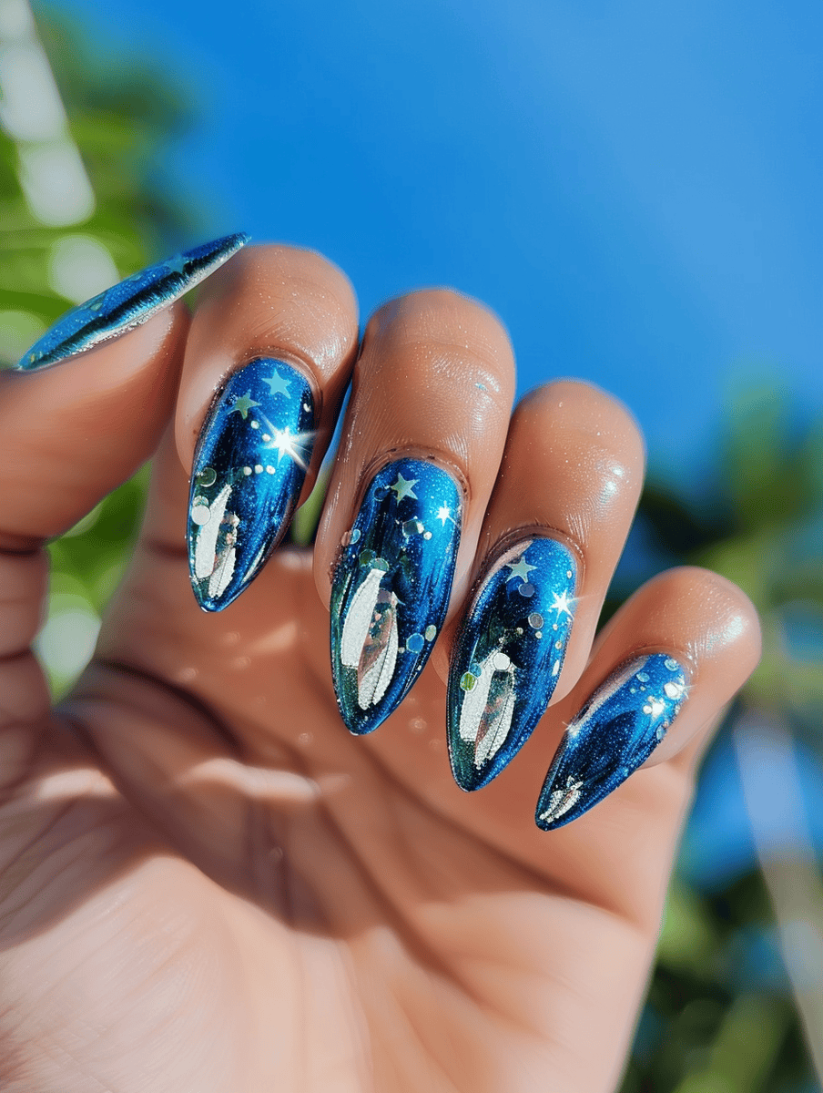 ocean blue chrome nails with glittering stardust