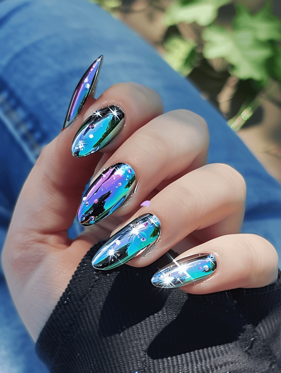 holographic chrome nails with a constellation design